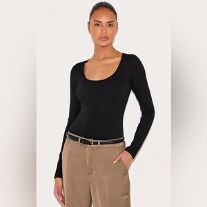 PLT BASIC BLACK COTTON BLEND SCOOP NECK LONG SLEEVE BODYSUIT
